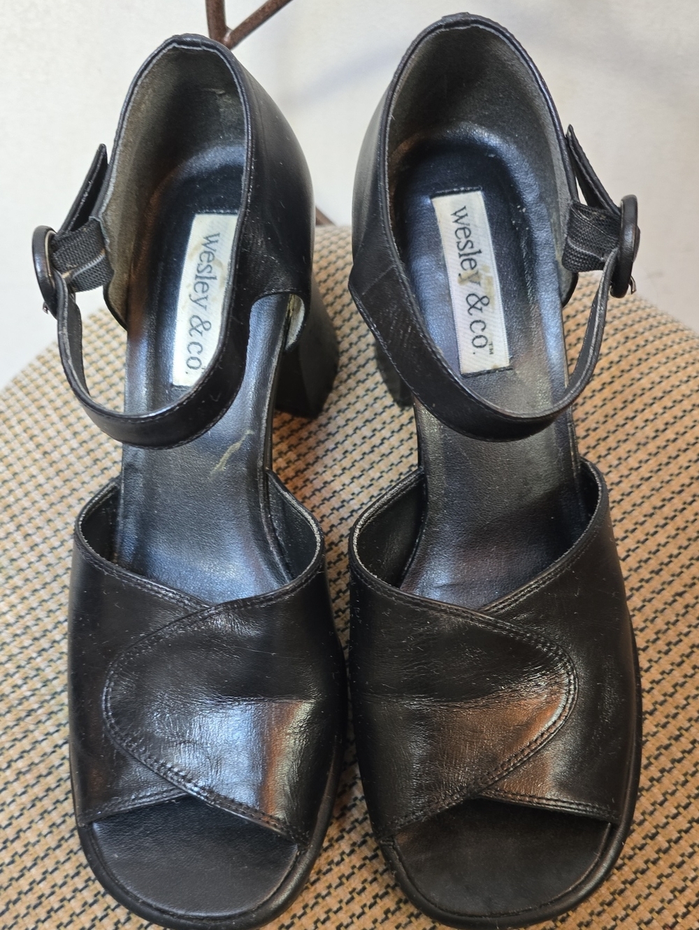 Black Leather Open-Toe Mary Jane Heels